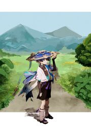 Rule 34 | 1boy, arm at side, armor, belt, black belt, black bodysuit, black bow, black bridal gauntlets, black eyes, black hair, black leggings, black sandals, black shorts, blue cape, blue gemstone, blue hat, blue kimono, blue sleeves, blunt ends, bodysuit, border, bow, bridal gauntlets, bush, cape, clenched hand, covered collarbone, feathers, full body, furisode, gem, genshin impact, gold, grass, hair over one eye, hakama, hakama shorts, hand up, hat, highres, japanese armor, japanese clothes, jingasa, juban, kimono, kote, kurokote, layered sleeves, leg warmers, leggings, letterboxed, male focus, mandarin collar, marmochi, mountain, open clothes, open kimono, outdoors, path, plant, pleated shorts, pom pom (clothes), purple rope, purple sash, road, rope, sandals, sanpaku, sash, scaramouche (genshin impact), short sleeves, shorts, shoulder peek, solo, standing, tassel, toenails, toes, vision (genshin impact), wanderer (genshin impact), white border, white kimono, white leg warmers, white sleeves, white trim, yellow feathers, zouri