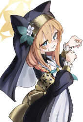 1girl animal_ears aqua_neckerchief black_coat black_veil blue_archive blue_eyes blush breasts cat_ears coat commentary cowboy_shot dress ears_under_headwear flower gold_armlet gold_bow hair_between_eyes hair_flower hair_ornament hairband halo highres long_hair long_sleeves looking_at_viewer mari_(blue_archive) neckerchief nun open_mouth orange_hair paw_pose sailor_collar simple_background solo sweatdrop takasu_ponu veil white_background white_dress white_flower white_sailor_collar yellow_halo