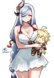 1girl ;) aether_(genshin_impact) alternate_costume bare_shoulders braid breasts character_doll cleavage closed_mouth collarbone commentary commission cowboy_shot doll dress eyes_visible_through_hair genshin_impact grey_eyes grey_hair hair_over_one_eye highres holding holding_doll ko-fi_commission large_breasts long_hair one_eye_closed rotomdocs shenhe_(genshin_impact) signature simple_background sleeveless sleeveless_dress smile solo twitter_username very_long_hair white_background white_dress
