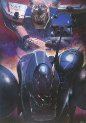 Rule 34 | 1980s (style), 1989, aiming, aiming at viewer, ambush, arm cannon, artist request, dated, gatling gun, gundam, gundam 0080, gundam alex, highres, kampfer (mobile suit), mecha, mobile suit, official art, oldschool, one-eyed, painting (medium), production art, promotional art, radio antenna, realistic, retro artstyle, robot, traditional media, upper body, v-fin, vernier thrusters, weapon