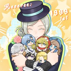 Rule 34 | 1boy, 37 (reverse:1999), 6+girls, 6 (reverse:1999), :&lt;, :d, ;d, ^ ^, beret, black coat, black hair, black hat, blonde hair, blue eyes, blue hair, blue hat, boater hat, circlet, closed eyes, closed mouth, coat, copyright name, crossed arms, facing viewer, flower, grey hair, hair bun, hair flower, hair ornament, hair over one eye, hat, headscarf, highres, holding, holding mini person, isolde (reverse:1999), marcus (reverse:1999), mini person, miniboy, minigirl, multiple girls, one eye closed, one eye covered, open mouth, pink flower, purple eyes, qiucaotou, red headscarf, reverse:1999, short hair, single side bun, single tear, smile, star (symbol), star symbol background, vertin (reverse:1999), vila (reverse:1999), white flower, white hat, windsong (reverse:1999), yellow background