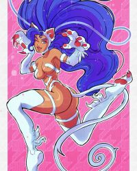 1girl animal_ears animal_hands ass bare_shoulders blue_eyes blue_hair breasts cat_ears cat_tail darkstalkers fangs felicia_(darkstalkers) long_hair medium_breasts one_eye_closed tail teristauart very_long_hair white_fur wink