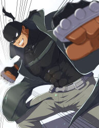 Rule 34 | 1boy, abs, bara, beard stubble, belt, black hair, black shirt, blurry, blurry foreground, boku no hero academia, brass knuckles, commentary request, facial hair, grin, highres, knuckleduster (boku no hero academia), looking at viewer, male focus, mask, muscular, muscular male, pectorals, punching, scar, shirt, smile, solo, stubble, vigilante -boku no hero academia: illegals-, weapon, white background, zeff ozaki