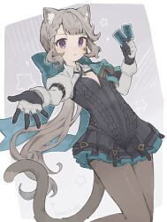 1girl animal_ears aqua_bow aqua_bowtie black_gloves black_leotard black_skirt bow bowtie braid brown_pantyhose card cat_ears cat_girl cat_tail collared_shirt expressionless genshin_impact gloves grey_hair hair_bow highres holding holding_card juliet_sleeves komerina leotard long_hair long_sleeves looking_at_viewer low_ponytail lynette_(genshin_impact) offering_hand pantyhose ponytail puffy_sleeves reaching reaching_towards_viewer shirt sidelocks skirt solo tail very_long_hair white_shirt