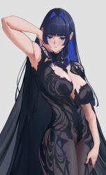1girl absurdres adjusting_hair alternate_costume armpits bare_arms black_bodysuit black_cloak black_hair blue_eyes blue_hair blunt_bangs bodysuit breasts chronopattern_dress cleavage cloak colored_inner_hair commentary cowboy_shot eipanguino english_commentary hair_intakes highres hololive hololive_english large_breasts long_hair looking_at_viewer meme_attire multicolored_hair official_alternate_hairstyle ouro_kronii parted_lips see-through_bodysuit see-through_clothes simple_background solo two-tone_hair virtual_youtuber