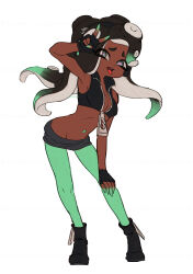 1girl :3 ankle_boots arm_up armpits bare_shoulders black_boots black_gloves black_hair black_headphones boots breasts center_opening cephalopod_eyes cleavage collared_jacket colored_extremities commentary_request contrapposto coula_cat cropped_jacket dark-skinned_female dark_skin dot_nose fang fingerless_gloves floating_hair full_body gloves gradient_hair green_eyes green_hair green_pantyhose grin hand_on_own_knee highres jacket leaning_forward leather leather_jacket leather_vest long_hair looking_at_viewer marina_(off_the_hook_outfit)_(splatoon) marina_(splatoon) midriff mole mole_under_mouth multicolored_hair navel navel_piercing nintendo octoling pantyhose parted_bangs partially_unzipped piercing pointy_ears short_shorts shorts simple_background sleeveless sleeveless_jacket smile solo splatoon_(series) splatoon_2 suction_cups tentacle_hair tongue tongue_out twitter_username two-tone_hair very_long_hair white_background zipper zipper_pull_tab