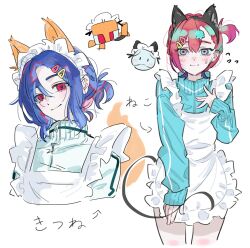 Rule 34 | 1boy, 1girl, absurdres, alternate costume, amate yuzuriha, animal ear hairband, animal ears, apron, aqua eyes, blue hair, blush, cat ear hairband, cat ears, conch (gundam), crossdressing, enmaided, fake animal ears, fox ears, frilled apron, frills, gundam, gundam gquuuuuux, hair ornament, hairband, hairclip, haro, highres, jacket, limeindatrap, long sleeves, looking at viewer, maid, maid apron, male maid, multicolored hair, non-humanoid robot, one side up, ponytail, red eyes, red hair, robot, short hair, shuji ito, smile, sweatdrop, track jacket, two-tone hair, white apron