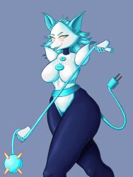 1girl animal_ears blue_hair blue_tail blue_tongue cable cable_tail cat_ears colored_tongue deltarune disembodied_hand electric_plug electric_plug_tail furry furry_female highres holding mechanical_tail nukeila6 standing tail tasque_manager weapon yellow_eyes