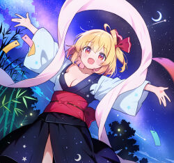 1girl black_kimono blonde_hair blush breasts chikuzen1996 cleavage cowboy_shot crescent_moon highres japanese_clothes kimono moon night open_mouth outdoors pink_ribbon red_eyes ribbon rumia short_hair small_breasts solo touhou white_kimono