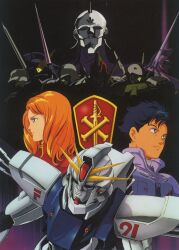 1990s_(style) 1girl 2boys artist_request berah_ronah berga_giros carozzo_ronah cecily_fairchild crossbone_vanguard dahgi_iris den&#039;an_gei den&#039;an_zon emblem f91_gundam gundam gundam_f91 helmet highres key_visual mask mecha mobile_suit multiple_boys official_art pilot promotional_art retro_artstyle robot science_fiction seabook_arno space spacesuit vigna_ghina
