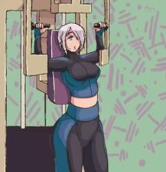 1girl angel_(kof) animated blue_eyes breast_expansion breasts breasts_out exercising female_focus giant gloves gym gym_uniform heavy_breathing huge_breasts large_breasts leggings miyatakun nipples open_clothes open_mouth pale_skin pants short_hair sportswear standing tagme the_king_of_fighters thick_thighs thighs tongue tongue_out undressing video white_hair wide_hips