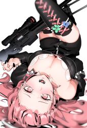 1girl absurdres arknights black_dress black_nails blush boots breasts cleavage detached_sleeves dress earrings fingernails forehead full_body gun hair_spread_out highres jewelry khrnnfz lace-up_boots large_breasts legs_up lemuen_(arknights) long_fingernails long_hair long_sleeves looking_at_viewer nail_polish open_mouth pink_eyes pink_hair rifle simple_background sniper_rifle solo strapless strapless_dress thigh_boots thigh_gap very_long_hair weapon