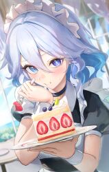 1girl alternate_costume black_choker black_dress blue_eyes blue_hair blue_pupils cake cake_slice choker dress dutch_angle enmaided food fork furina_(genshin_impact) genshin_impact hair_between_eyes heterochromia highres holding holding_fork holding_plate looking_at_viewer maid maid_headdress multicolored_hair otabaaa plate puffy_short_sleeves puffy_sleeves shirt short_sleeves solo streaked_hair two-tone_hair upper_body white_shirt wrist_cuffs