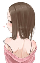1girl bare_shoulders blush brown_eyes brown_hair closed_mouth from_behind highres karakai_jouzu_no_takagi-san long_hair looking_at_viewer looking_back note2000 off-shoulder_sweater off_shoulder pink_sweater shoulder_blades simple_background smile solo strap_slip sweater takagi-san white_background
