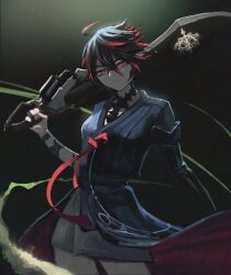 1girl ahoge au_ra bags_under_eyes bandaged_arm bandages black-framed_eyewear black_gloves black_hair black_kimono black_sash black_scales breasts colored_tips commentary contrapposto cowboy_shot double-parted_bangs dragon_girl elbow_gloves embers english_commentary final_fantasy final_fantasy_xiv floating_clothes floating_hair furrowed_brow gift_art glasses gloves glowing grey_skirt gun gunblade gunbreaker_(final_fantasy) hair_between_eyes half-closed_eyes hand_up head_tilt highres holding holding_gun holding_sword holding_weapon japanese_clothes kimono leather leather_gloves light_frown long_eyelashes looking_at_viewer medium_breasts miniskirt multicolored_hair narrowed_eyes obi over_shoulder pixie_cut rectangular_eyewear red_eyes red_hair red_kimono red_ribbon ribbon sash semi-rimless_eyewear serious short_sleeves sidelocks single_elbow_glove skirt slit_pupils solo spiked_hair sword sword_over_shoulder thick_eyelashes two-sided_fabric two-tone_hair v-neck v-shaped_eyebrows vertigris waist_sash warrior_of_light_(ff14) weapon weapon_over_shoulder