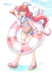 1girl absurdres ahoge alternate_costume artist_name belt bikini blue_sailor_collar bow breasts cleavage collarbone crop_top dixie_cup_hat full_body green_eyes hand_over_face hat highres holding holding_swim_ring hololive innertube large_breasts leaning_forward long_hair midriff military_hat navel open_mouth pink_hair sailor_collar sailor_shirt sakura_miko sandals shirt side-tie_skirt signature smile solo standing swim_ring swimsuit teeth thigh_strap toenails tomozu upper_teeth_only very_long_hair virtual_youtuber white_belt white_bikini white_hat white_shirt wrist_cuffs yellow_bow