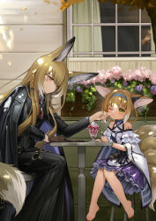 2girls absurdres animal_ears arknights barefoot black_jacket blonde_hair blue_hairband braid braided_hair_rings closed_mouth commentary dress earpiece flan_ling food fox_ears fox_girl fox_tail fruit green_eyes hair_rings hairband highres ice_cream jacket long_hair long_sleeves mother_and_daughter multiple_girls one_eye_closed orange_eyes purple_dress short_hair sitting strawberry sundae suzuran_(arknights) tail twin_braids vulpisfoglia_(arknights)
