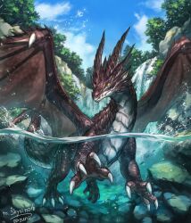 absurdres animal_focus artist_name blue_sky brown_scales claws cloud commission commissioner_name day dragon full_body highres horns looking_at_viewer monster nasuno_posi no_humans original partially_submerged partially_underwater_shot rock scales signature skeb_commission sky slit_pupils solo tail tree water waterfall western_dragon wings yellow_eyes