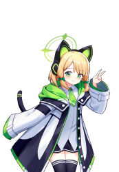 1girl absurdres animal_ear_headphones animal_ears black_coat black_shorts black_tail black_thighhighs blonde_hair blue_archive blush bow buttons cat_ear_headphones cat_ears cat_tail chinese_commentary closed_mouth coat collared_shirt commentary cowboy_shot fake_animal_ears fake_tail green_bow green_coat green_eyes green_halo green_necktie hair_bow halo hand_up headphones highres hood hood_down hooded_coat long_sleeves looking_at_viewer low-tied_sidelocks medium_hair midori_(blue_archive) multicolored_coat necktie open_clothes open_coat parted_bangs school_uniform shirt short_necktie short_shorts shorts sidelocks simple_background single_sleeve_past_fingers single_sleeve_past_wrist smile solo split_mouth tail thighhighs unbuttoned untucked_shirt v white_background white_coat white_shirt wide_sleeves wuyin