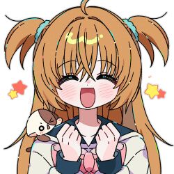 1girl :d ^_^ blush bow bowtie brown_hair closed_eyes facing_viewer green_sailor_collar grey_outline hair_between_eyes hands_up highres kirarin_revolution long_hair long_sleeves na-san open_mouth outline pink_bow pink_bowtie sailor_collar shirt smile star_(symbol) tsukishima_kirari two_side_up white_background white_shirt yalmyu