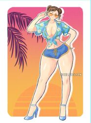 1girl bracelet breasts brown_eyes brown_hair capcom celebelian chun-li dawn double_bun hair_bun hawaiian_shirt highres jewelry large_breasts long_legs looking_at_viewer midriff one_eye_closed pantyhose shirt shorts smile solo spiked_bracelet spikes standing street_fighter thick_thighs thighs tied_shirt v