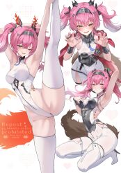 Rule 34 | 1girl, absurdres, adapted costume, arm up, armor, armpit focus, armpits, arms up, black bow, blush, bodysuit, boots, bow, breastplate, breasts, claw pose, collar, commentary, earrings, from side, grin, hair between eyes, hair bow, hair ornament, hairband, hands up, headgear, high heel boots, high heels, highleg, highleg leotard, highres, jewelry, leotard, long hair, looking at viewer, lupa (wuthering waves), medium breasts, metal collar, metal hairband, multiple hair bows, multiple views, one eye closed, open mouth, pi tayuko, pink hair, presenting armpit, red pupils, red sash, sash, simple background, skindentation, smile, split, squatting, standing, standing on one leg, standing split, tacet mark (wuthering waves), tail, thigh boots, thighhighs, thighs, twintails, white background, white bodysuit, white boots, white leotard, white thighhighs, wolf tail, wrist guards, wuthering waves, yellow eyes