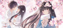 Rule 34 | 1boy, 1girl, animal collar, black hair, blue jacket, blunt bangs, blush, bow, bowtie, cherry blossoms, closed eyes, closed mouth, collar, couple, dog, envelope, facing another, hand on own chest, harutatsunoki, highres, holding, holding envelope, imminent kiss, jacket, kazehaya shouta, kimi ni todoke, kuronuma sawako, letter, light smile, long hair, looking at viewer, love letter, multiple views, outdoors, red bow, red bowtie, shirt, short hair, short sleeves, white shirt