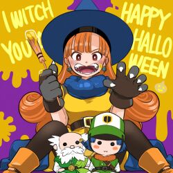 1girl 2boys alena_(dq4) animal_hands ankle_boots balding belt black_gloves black_pantyhose blue_cape blue_hair blue_hat blush_stickers boots breasts brey bright_pupils brown_boots cape character_doll claw_pose claws clift dragon_quest dragon_quest_iv dress earrings facial_hair fangs fangs_out gloves green_hair green_tunic hands_up happy_halloween hat highres holding holding_paintbrush jewelry long_hair looking_at_viewer mitre multiple_boys mustache old old_man open_mouth orange_hair paint paint_on_fingers paint_on_hands paint_splatter paint_splatter_on_face paintbrush pantyhose paw_gloves pointy_hat red_eyes sheath sheathed short_dress short_hair sitting smile solid_circle_eyes solo sphere_earrings spread_legs stuffed_toy sword sword_on_back teeth tunic weapon weapon_on_back white_hair white_pupils yellow_dress yoshinari_tatsuno