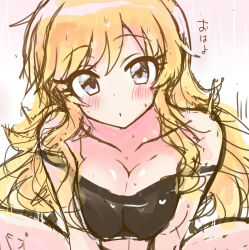 1girl artist_request blonde_hair breasts cleavage hachimiya_meguru idolmaster idolmaster_shiny_colors large_breasts looking_at_viewer sex sweat sweatdrop tagme
