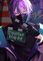 1boy asymmetrical_sidelocks black_gloves black_shirt blue_streaks blurry blurry_background clapperboard commentary copyright_name cyberpunk cyberpunk_dead_boy_(vocaloid) depth_of_field english_text gloves graffiti gyakkou_no_lens_flare_(project_sekai) hair_between_eyes half_gloves highres holding idu_mizu_32 jacket kamishiro_rui long_sleeves looking_at_viewer male_focus mask mouth_mask multicolored_hair official_alternate_costume partially_open_jacket project_sekai purple_hair shirt short_hair shoulder_strap sidelocks song_name streaked_hair two-sided_fabric upper_body watermark white_jacket yellow_eyes