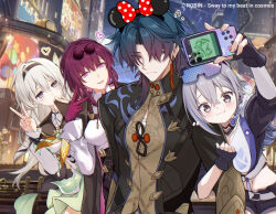 1boy 3girls black_gloves black_hairband black_jacket blade_(honkai:_star_rail) blush bridal_gauntlets closed_mouth covering_own_mouth eyewear_on_head fingerless_gloves firefly_(honkai:_star_rail) frilled_sleeves frills gloves hair_intakes hairband heart highres honkai:_star_rail honkai_(series) jacket kafka_(honkai:_star_rail) long_sleeves mickey_mouse_ears multiple_girls neckerchief open_clothes open_jacket open_mouth orange_neckerchief purple_gloves saint_laurent_paris silver_wolf_(honkai:_star_rail) single_arm_hug single_bridal_gauntlet sunglasses taking_picture v white_sleeves