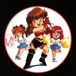 1980s_(style) bubblegum_crisis cheerleader chibi genesis_surviver_gaiarth microphone miniskirt nene_romanova oldschool pom_pom_(cheerleading) priscilla_asagiri retro_artstyle sahari skirt super_deformed_double_feature