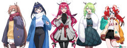 5girls :d absurdres ahoge aneco_(westsea1227) animal_ears antlers asymmetrical_wings belt berry black_hair black_pants black_pantyhose black_shorts black_skirt blue_coat blue_eyes blue_hair blue_nails bow bow_earrings braid brown_eyes brown_hair buttons casual ceres_fauna cheese coat collar crystal_wings double-breasted double_halo dress earrings fangs feather_hair_ornament feathers flower food fur_coat green_dress green_hair green_nails grey_coat hair_flower hair_intakes hair_ornament hairclip hakos_baelz halo happy_valentine headband heterochromia highres hololive hololive_english holopromise horns irys_(hololive) jacket jewelry letterman_jacket long_hair looking_at_viewer mole mole_under_eye mouse_ears mouse_girl mouse_tail multicolored_hair multiple_girls nail_polish nanashi_mumei official_alternate_costume official_art open_mouth ouro_kronii pants pantyhose peacoat pink_eyes plaid_clothes plaid_dress pleated_skirt pointy_ears ponytail purple_hair purple_nails red_hair red_ribbon red_scarf ribbon scarf shirt shirt_tucked_in short_hair short_shorts shorts skirt smile socks star_halo streaked_hair striped_clothes striped_socks sweater t-shirt tail teeth thighhighs turtleneck twintails upper_teeth_only very_long_hair virtual_youtuber waving white_coat white_hair white_shirt white_skirt white_sweater wings winter_clothes yellow_eyes yellow_sweater