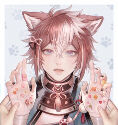 Rule 34 | 1boy, animal ears, armor, artist name, asya (krizless), black nails, blue eyes, border, brown hair, character sticker, dog boy, dog ears, flower sticker, genshin impact, gorou (genshin impact), hair ornament, heart sticker, highres, holding hands, japanese armor, japanese clothes, looking at viewer, male focus, multicolored hair, out of frame, parted lips, patterned background, paw print, paw print background, pov, pov hands, solo focus, star (symbol), star sticker, sticker, sticker on hand, streaked hair, two-tone hair, white border, white streaks