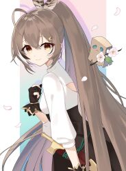 Rule 34 | absurdres, ahoge, back cutout, blue background, branch, brown corset, brown eyes, brown hair, cherry blossoms, clothing cutout, commentary request, corset, dagger, falling petals, feather hair ornament, feathers, friend (nanashi mumei), from side, gloves, gradient background, hair ornament, hairclip, highres, holding, holding branch, hololive, hololive english, knife, korean commentary, long hair, looking at viewer, multicolored hair, nanashi mumei, nanashi mumei (1st costume), ogye 01, partially fingerless gloves, petals, pink background, ponytail, shirt, smile, streaked hair, upper body, very long hair, virtual youtuber, weapon, white shirt