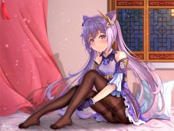 1girl arus bare_shoulders black_pantyhose blush braid choker double_bun dress frilled_dress frilled_sleeves frills full_body genshin_impact gloves hair_bun hair_ornament hairclip keqing_(genshin_impact) looking_at_viewer pantyhose pillow purple_eyes purple_hair sitting twintails