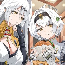 Rule 34 | 2girls, absurdres, anby demara, anby demara (silver soldier), bibitapel, blush, bread bun, burger, fingerless gloves, food, gloves, highres, holding, holding burger, holding food, lettuce, looking at another, multiple girls, official alternate costume, sweat, tomato, tomato slice, twitter username, white gloves, white hair, yellow eyes, yi xuan (zenless zone zero), zenless zone zero