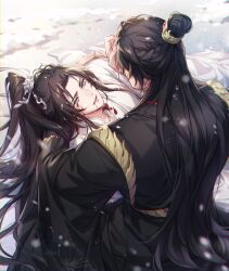 2boys absurdres artist_name black_hair black_hanfu blood blood_from_mouth blood_on_clothes blood_on_face bloody_tears blue_eyes brown_hair chinese_clothes chu_wanning crying crying_with_eyes_open erha_he_tadebai_mao_shizun half_updo hand_on_another&#039;s_back hand_on_another&#039;s_head hanfu high_ponytail highres korean_commentary long_hair long_sleeves looking_at_another male_focus mo_ran multiple_boys open_mouth ponytail snow taxian-jun tears topknot white_hanfu wide_sleeves xiao_guan_(headdress) zehel_az
