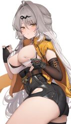 1girl absurdres ass belt black_gloves black_shorts black_sleeves breasts brown_belt closed_mouth commentary fingerless_gloves from_side gloves grabbing_own_breast grey_hair hair_ornament hairclip high-waist_shorts highres jacket koba_(kobako42) large_breasts long_hair looking_at_viewer shorts simple_background single_sleeve solo sweatdrop white_background yellow_eyes yellow_jacket yi_xuan_(zenless_zone_zero) zenless_zone_zero