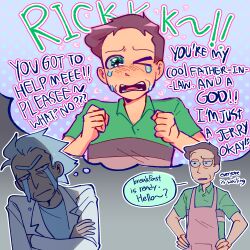 2boys absurdres apron brown_hair coat crying crying_with_eyes_open green_shirt highres imagining jerry_smith lab_coat male_focus messy_hair multiple_boys onion_lin rick_and_morty rick_sanchez shirt short_hair spiked_hair streaming_tears tears unibrow white_coat white_hair