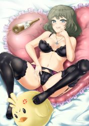 1girl 2017 alcohol anger_vein black_bra black_panties black_thighhighs blue_eyes bottle bra breasts brown_hair cameltoe cleavage commentary_request corey_(anmichi28) feet garter_belt green_eyes happy_new_year heterochromia highres idolmaster idolmaster_cinderella_girls jewelry kotoyoro large_breasts lingerie looking_at_viewer mole mole_under_eye navel necklace new_year no_shoes open_mouth panties partially_visible_vulva sake sake_bottle short_hair smile solo stuffed_chicken takagaki_kaede thighhighs underwear underwear_only