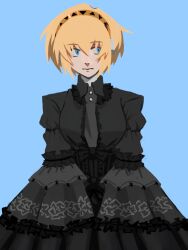 1girl aigis_(persona) android black_dress black_necktie blonde_hair blue_background blue_eyes dress expressionless frilled_dress frilled_sleeves frills goth_fashion gothic_lolita hairband highres joints lolita_fashion looking_to_the_side necktie nhoquenio persona persona_3 robot_ears robot_girl robot_joints short_hair simple_background solo