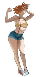 1girl armpits blue_shorts blush breasts closed_mouth crop_top denim denim_shorts female_focus gen_1_pokemon gym_leader hair_tie holding holding_poke_ball large_breasts legs miaojiangyou74239 midriff misty_(pokemon) navel nintendo orange_hair poke_ball poke_ball_(basic) pokemon pokemon_(anime) pokemon_(classic_anime) pokemon_rgby ponytail shirt shoes short_hair short_shorts shorts side_ponytail sleeveless smile sneakers solo standing suspenders tank_top thighs yellow_shirt