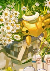 animal_focus artist_name basket bbibebe black_eyes bottle bug flower gen_3_pokemon glass_bottle grass halo highres milk_bottle moomoo_milk nintendo no_humans outdoors pokemon pokemon_(creature) shedinja solid_eyes twitter_username white_flower