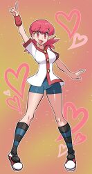 1girl absurdres blue_shorts blush breasts commentary english_commentary hair_ornament hairclip highres large_breasts long_hair looking_at_viewer missandydandy nintendo open_mouth pink_eyes pink_hair pokemon pokemon_hgss shirt short_sleeves shorts smile socks solo striped_clothes striped_socks twintails white_shirt whitney_(pokemon)