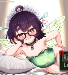 1girl absurdres ahoge armpits black_souls character_request collar cosplay glasses green_leotard grin highres leaf_(black_souls) leaf_(black_souls)_(cosplay) leotard loli looking_at_another metal_collar nipple_slip nipples original pillow pointy_ears rhymeruru smile solo wings