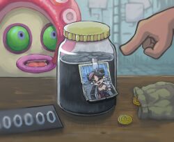 callie_(splatoon) callie_(squid_sisters_outfit)_(splatoon) coin highres holding holding_jar ink inkling jar nintendo octarian_(enemy) octoling octotrooper photo_(object) pointing price price_tag shop splatoon_(series) takamame