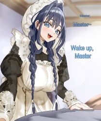 1girl absurdres apron black_dress black_hair blue_eyes braid breasts ceiling dress english_text hair_intakes hat highres hololive hololive_english indoors koizumi_arata long_hair looking_at_viewer low_twin_braids maid maid_apron mob_cap official_alternate_costume official_alternate_hairstyle open_mouth ouro_kronii ouro_kronii_(maid) solo teeth twin_braids upper_teeth_only virtual_youtuber white_apron