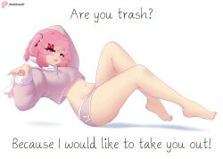 Rule 34 | 1girl, :3, absurdres, barefoot, blush, doki doki literature club, english text, from side, highres, invisible floor, knees up, long sleeves, looking at viewer, lying, medium hair, midriff, natsuki (doki doki literature club), navel, no pants, open mouth, panties, patreon logo, pink hair, purple eyes, purple panties, purple shirt, raion (raionart), shadow, shirt, solo, stomach, twintails, underwear