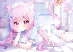 1girl 243 :&lt; animal_ears bell blue_dress breasts cat_ears cat_girl cat_tail closed_mouth commentary_request commission dot_nose dress hair_ornament hairclip hamiyamiko indoors jingle_bell long_hair looking_at_viewer lying maid maid_headdress on_stomach original pink_eyes pink_hair puffy_short_sleeves puffy_sleeves short_sleeves small_breasts tail tail_bell tail_ornament thighhighs white_thighhighs